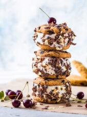 Chocolate Chip Cookie Ice Cream Sandwiches with Cherries