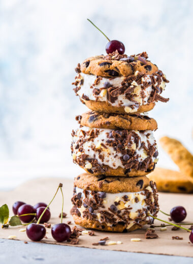 Chocolate Chip Cookie Ice Cream Sandwiches with Cherries