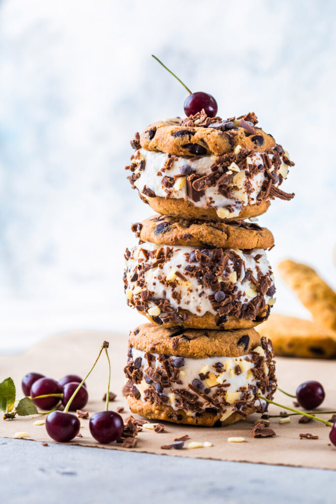 Chocolate Chip Cookie Ice Cream Sandwiches with Cherries