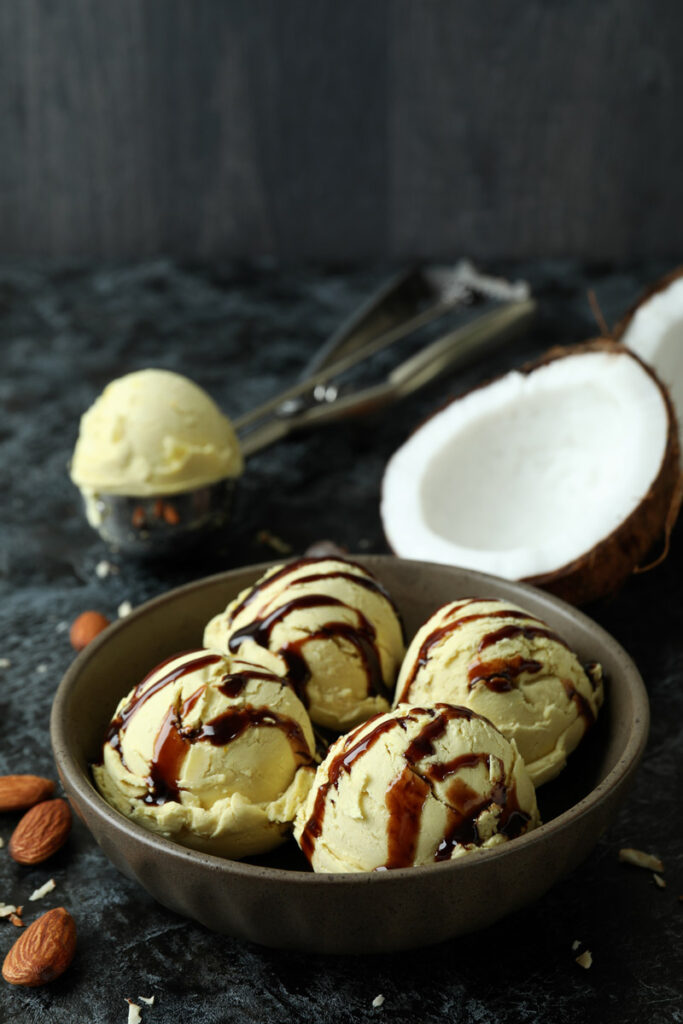 Creamy Coconut Almond Ice Cream with Chocolate Drizzle