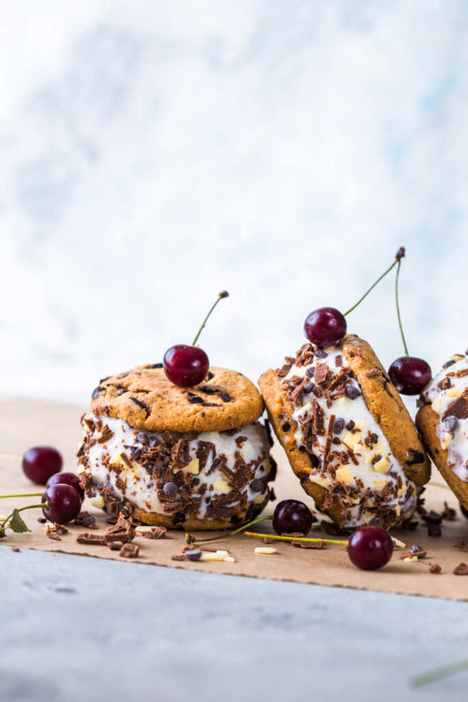 Instructions Chocolate Chip Cookie Ice Cream Sandwiches with Cherries