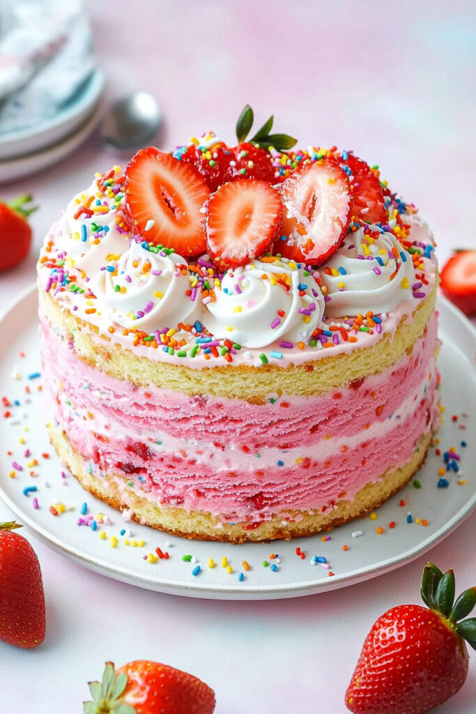 Serving Strawberry Funfetti Ice Cream Cake