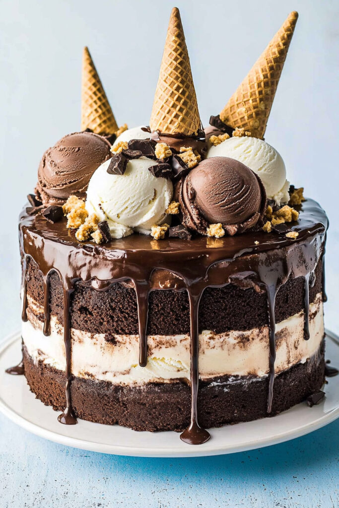 Serving Triple Layer Chocolate Fudge Ice Cream Cake