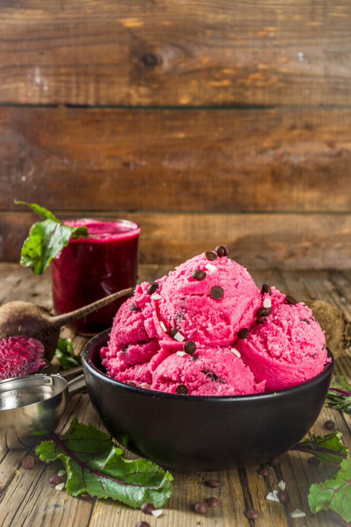 Serving Vegan Beetroot Ice Cream with Chocolate Chips